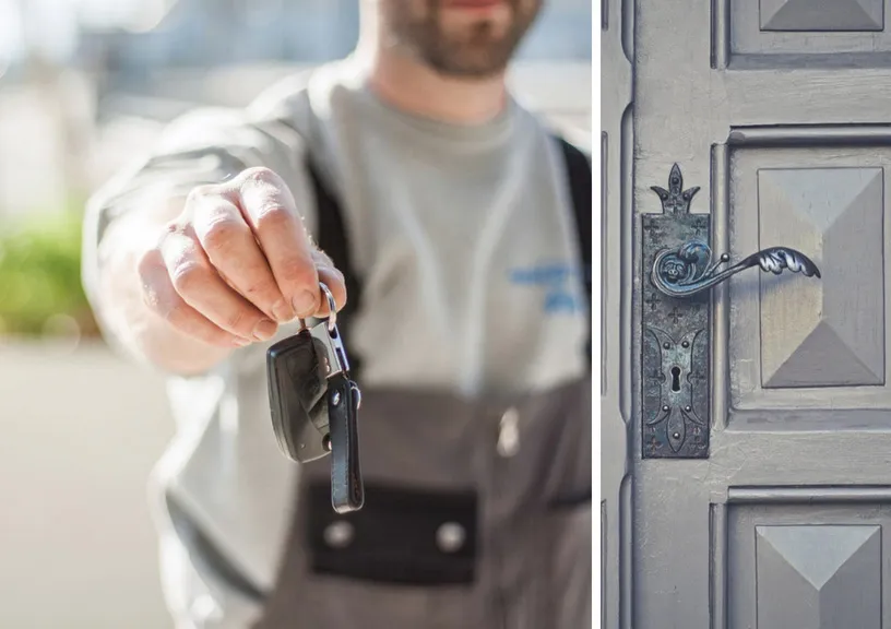 Locksmith handing over new keys after a lock change