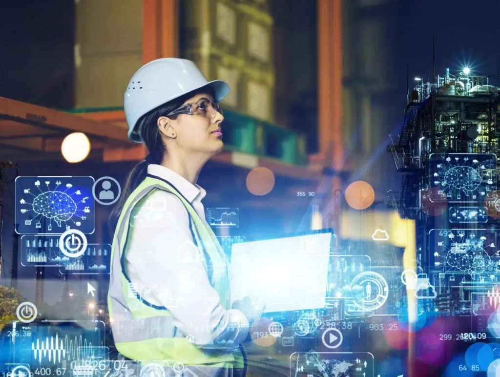 Contractor using a laptop with a connected AI chat interface on site
