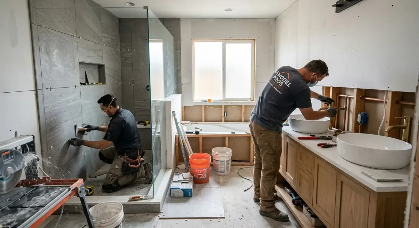 Bathroom remodeling contractor installing a vanity and shower enclosure