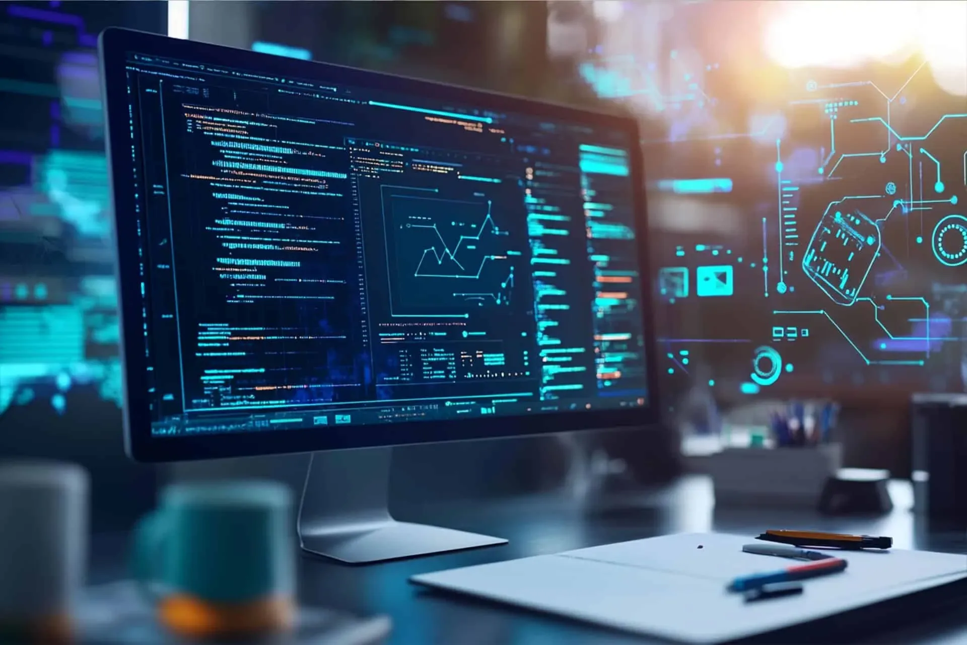 Web development workspace with code displayed across monitors