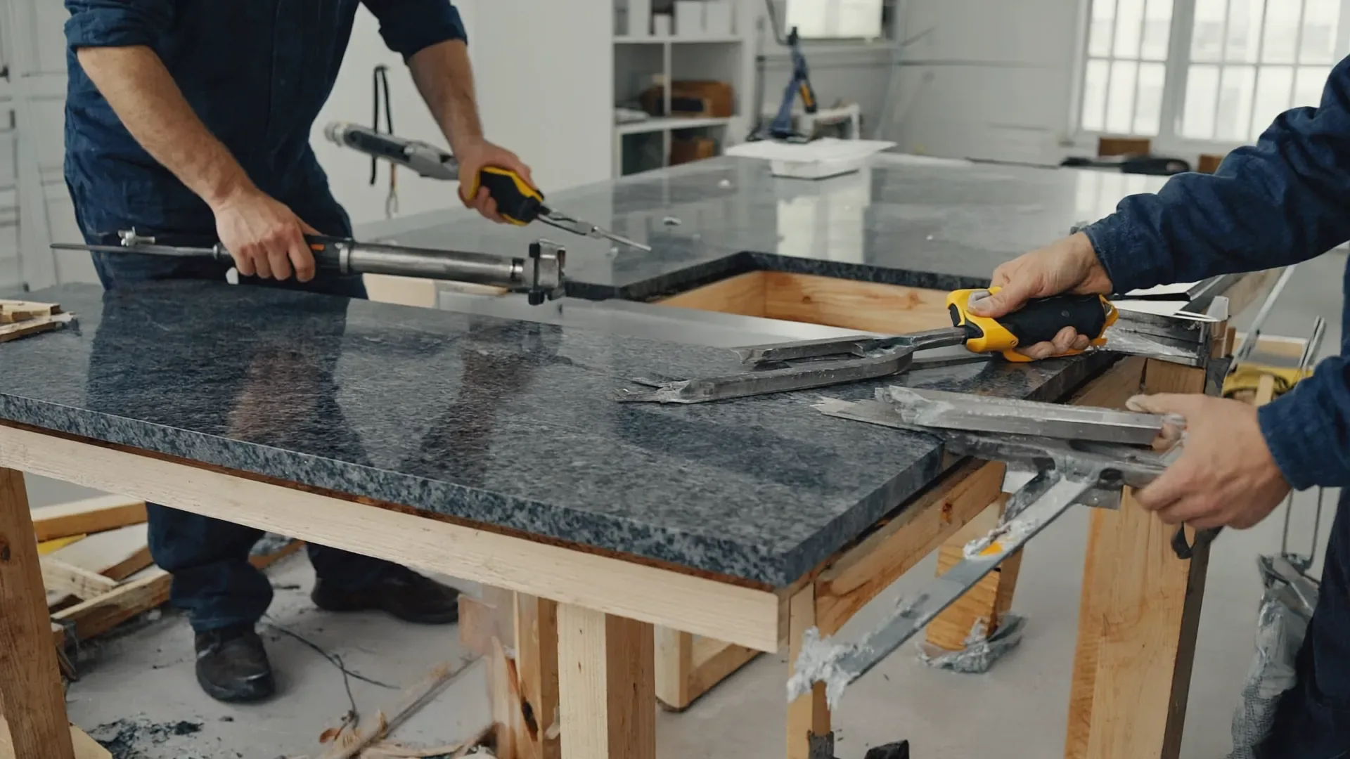Countertop fabricators measuring and cutting a natural stone slab