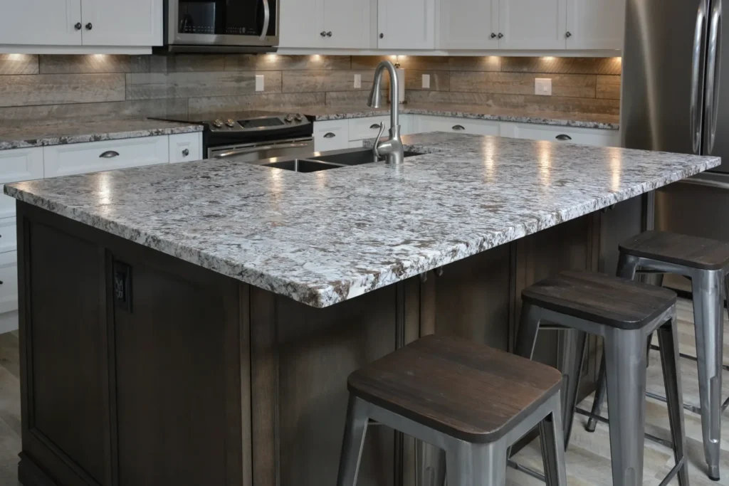 Finished granite countertop on a kitchen island with bar seating