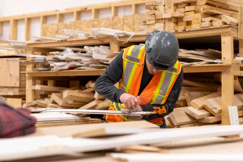 General contractor in a safety vest reviewing plans on a construction site