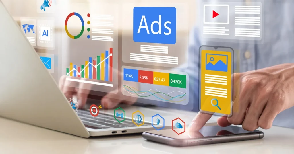 Marketer managing paid search ad campaigns on a laptop