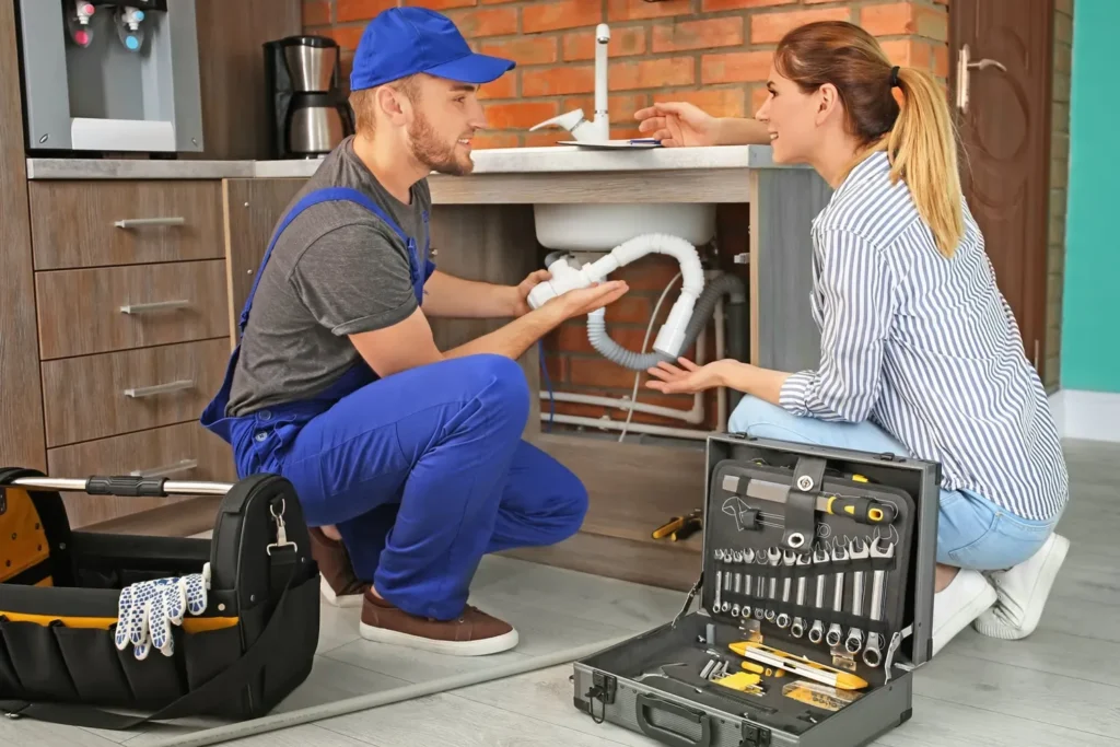 Handyman repairing a kitchen sink while the homeowner looks on