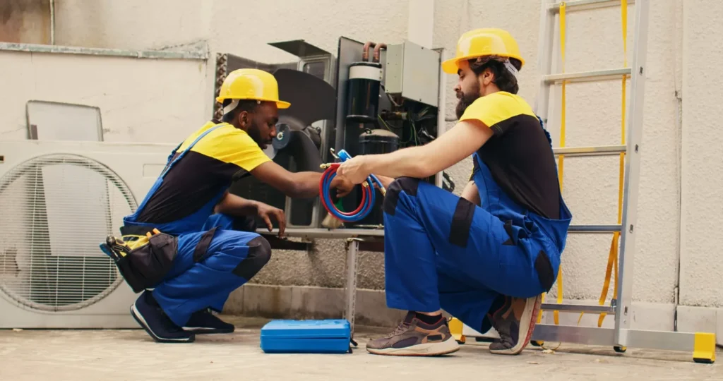 Two HVAC technicians in safety gear servicing an outdoor air conditioning condenser unit