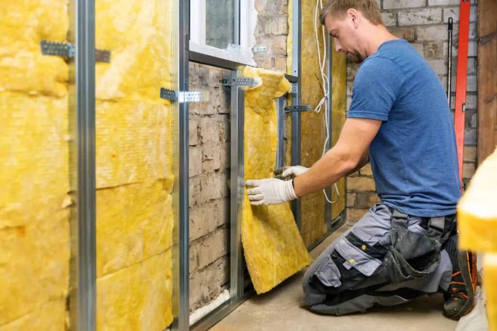 Insulation installer fitting batt insulation into a wall cavity