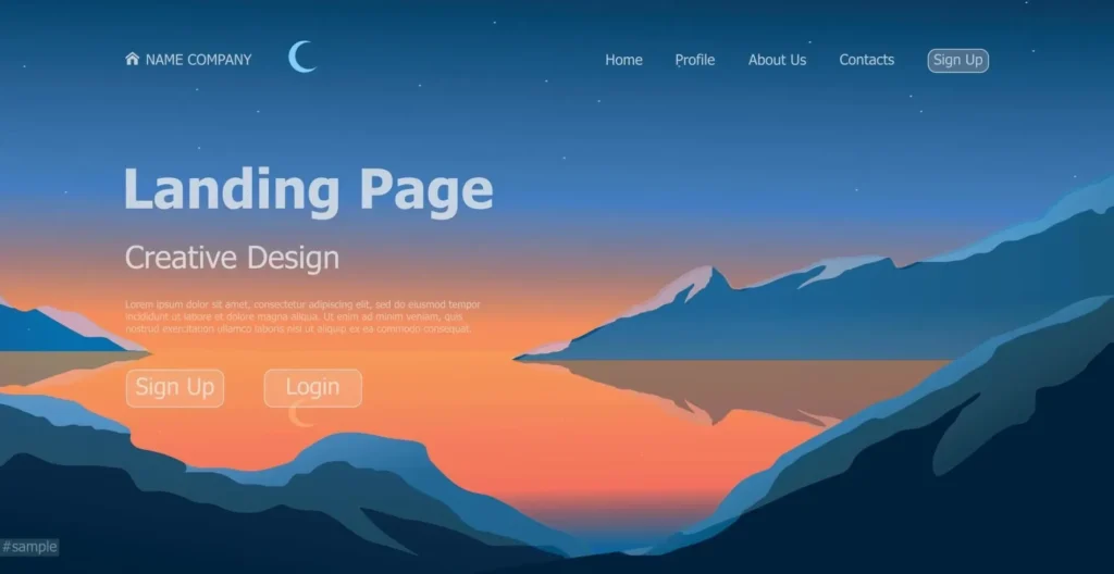 Landing page design mockup shown in a browser window