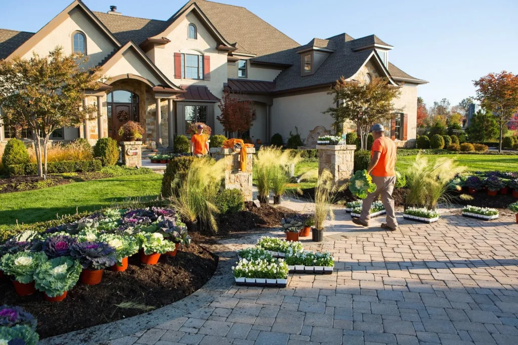 Professionally landscaped front yard with paver drive and planted beds