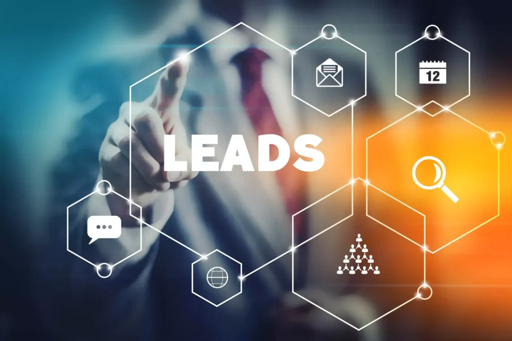 Business professional with a connected lead generation pipeline overlay