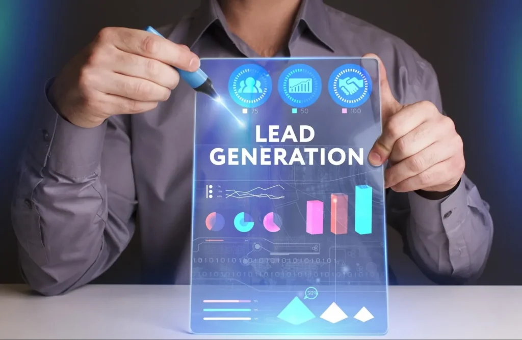 Person holding a digital lead generation dashboard panel