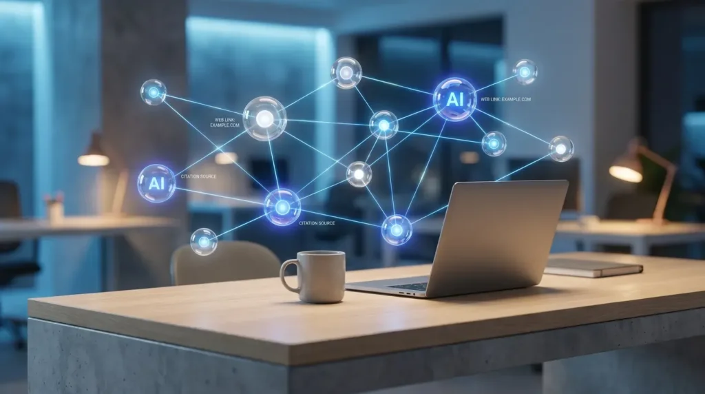 Office workspace with a connected network representing link building