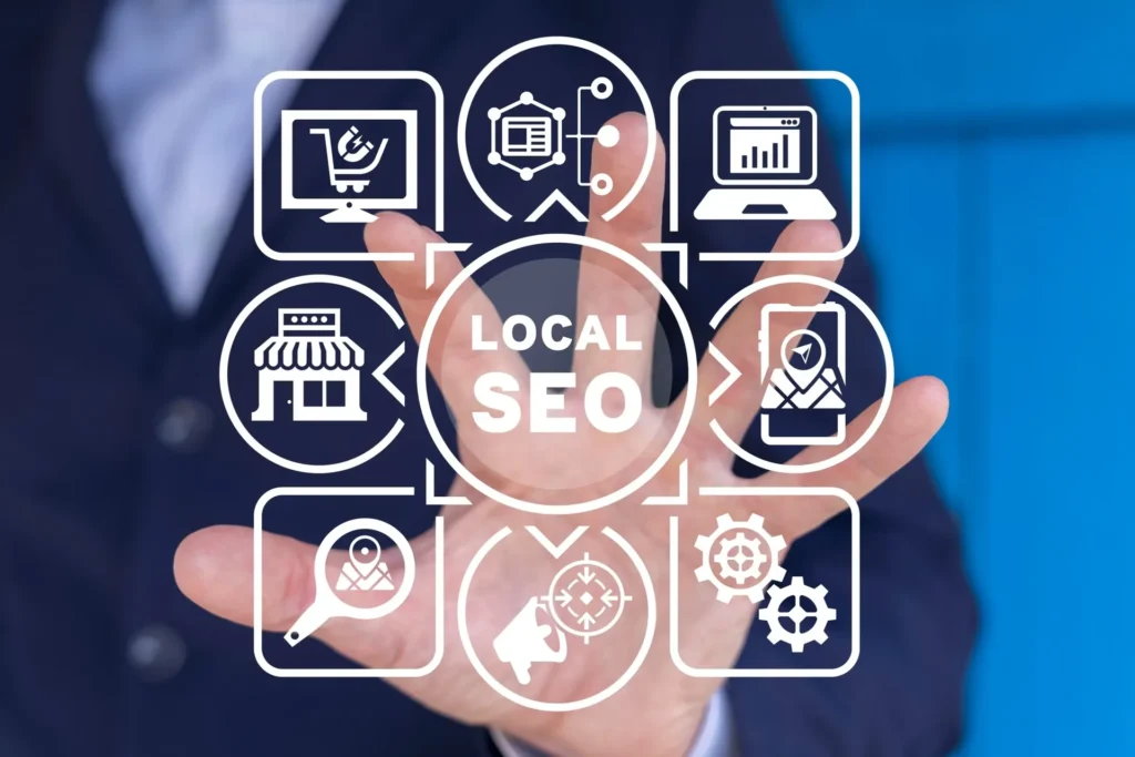 Business professional presenting local SEO strategy icons