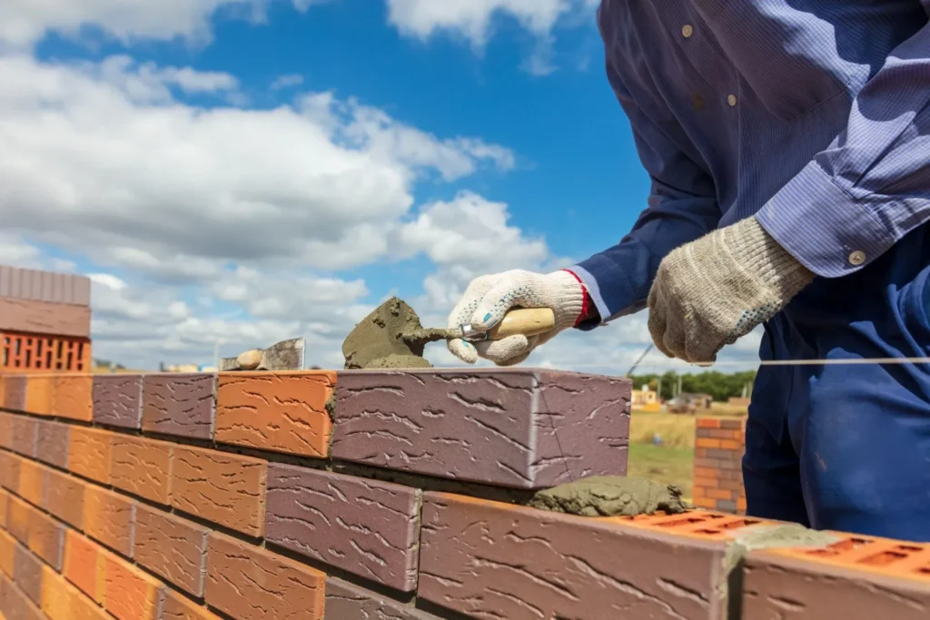 Bricklayer laying a brick wall course against a clear blue sky