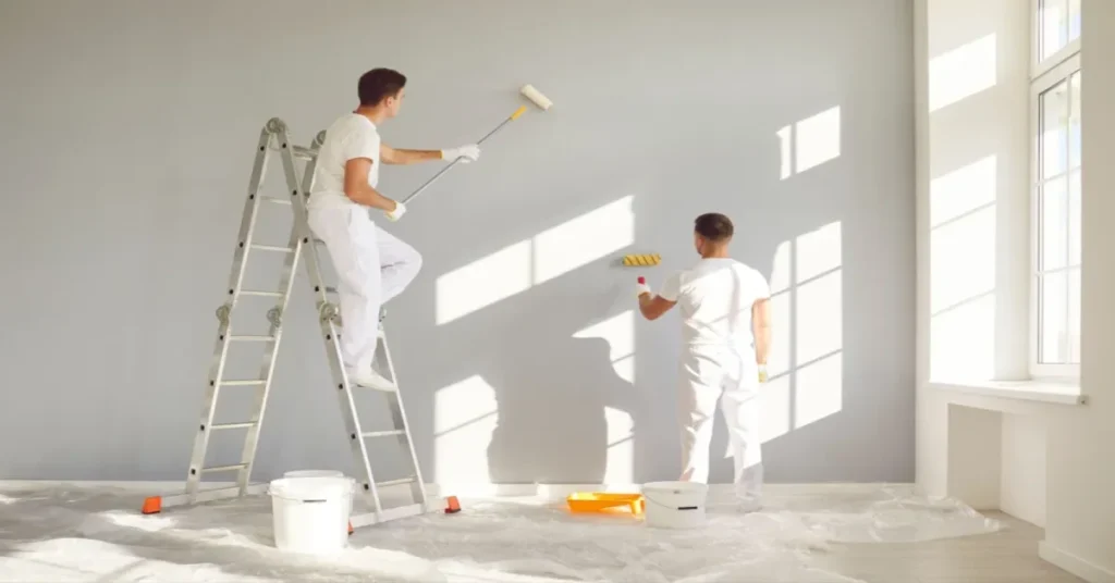 Professional painters rolling walls in a bright interior room