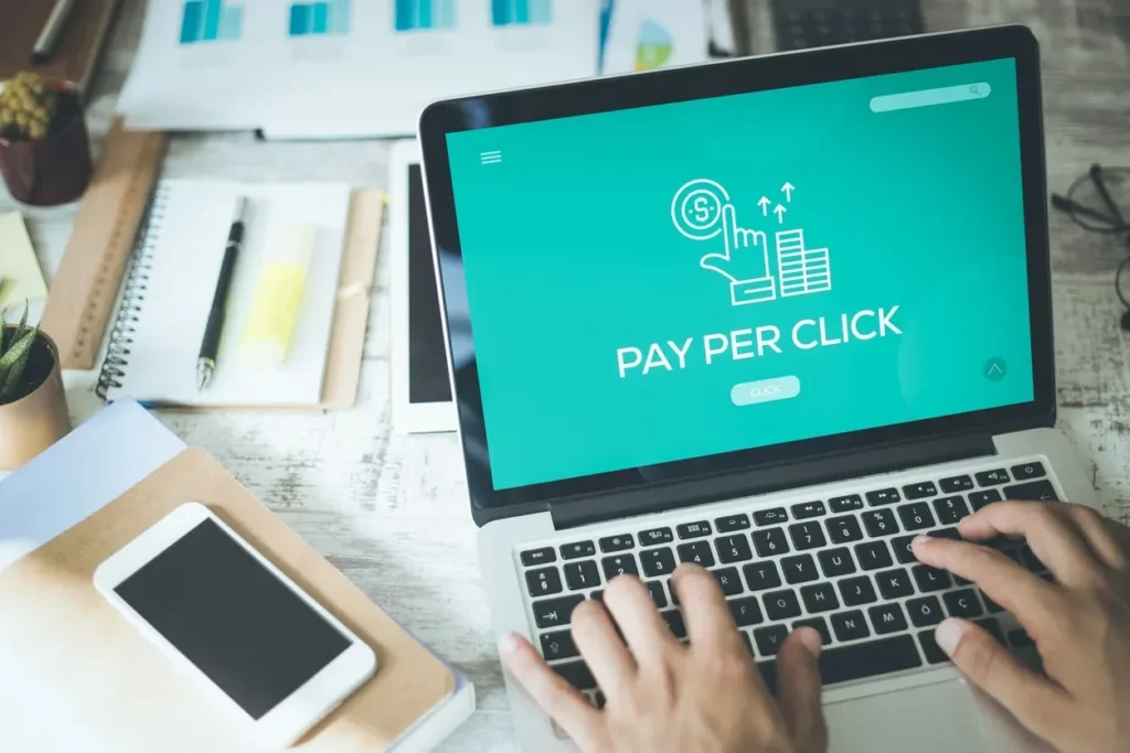 Laptop showing a pay per click advertising campaign dashboard