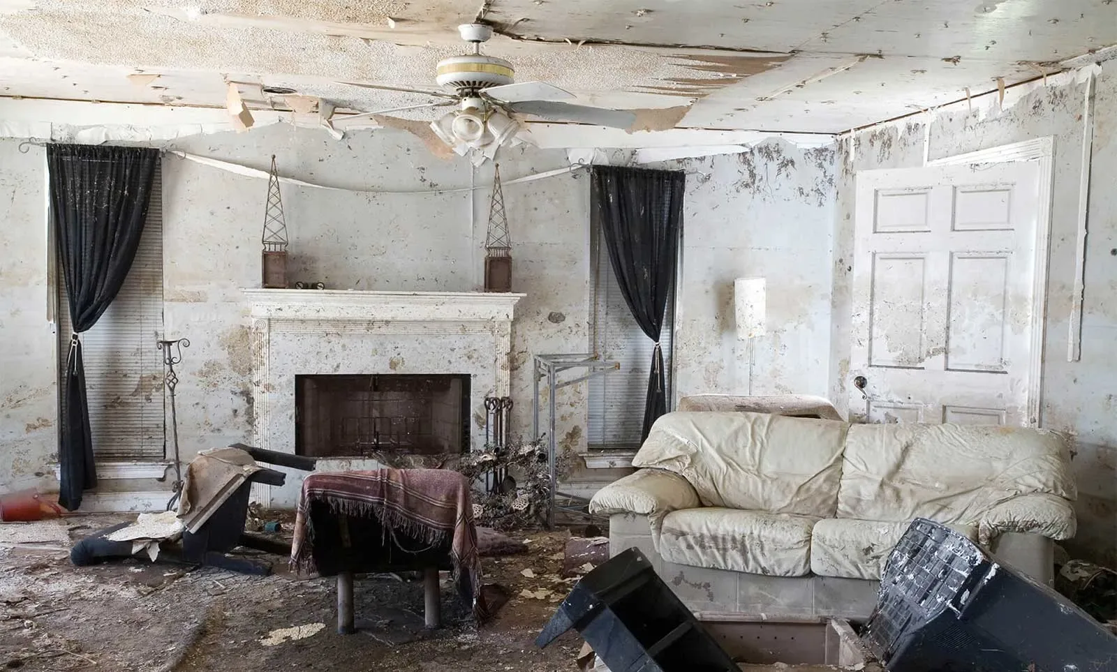 Fire and smoke damaged room interior awaiting restoration
