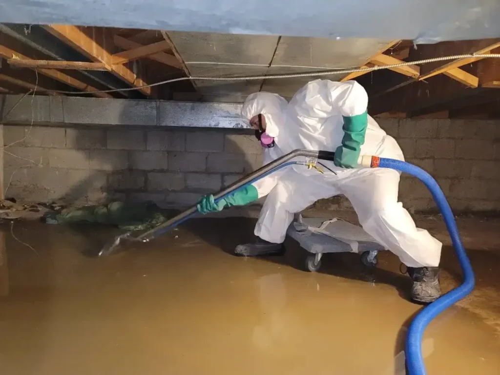 Restoration technician in protective gear extracting water from a flooded basement