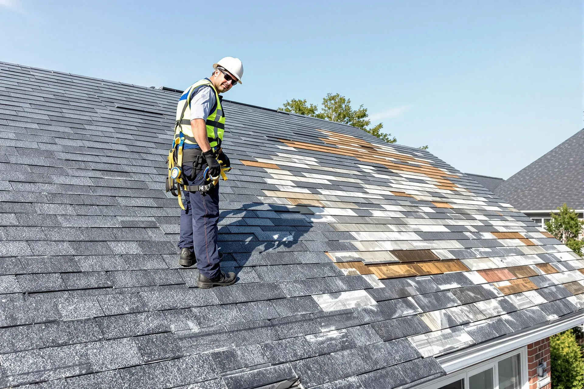 Roofer in a safety harness working across a shingled roof slope