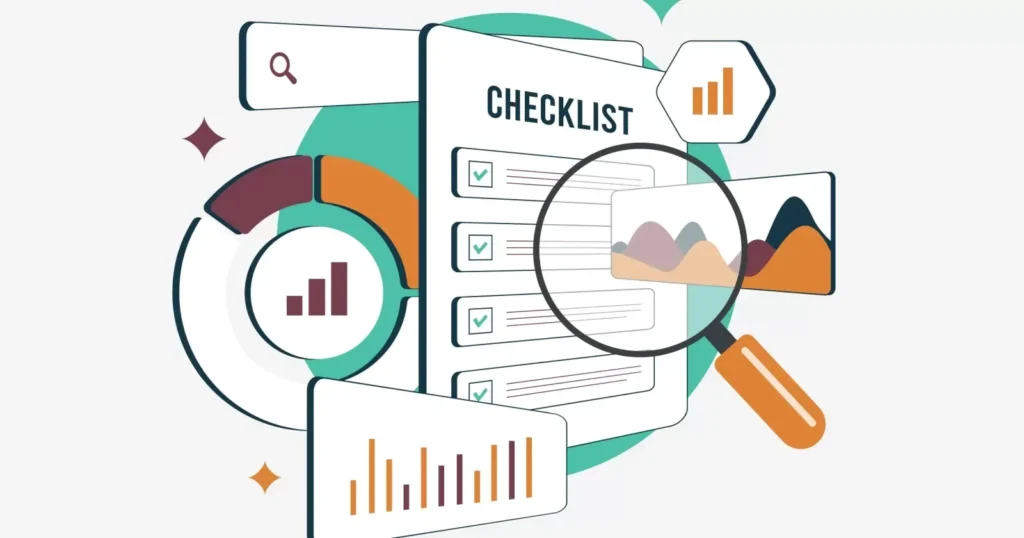 Illustration of an SEO audit checklist and performance metrics