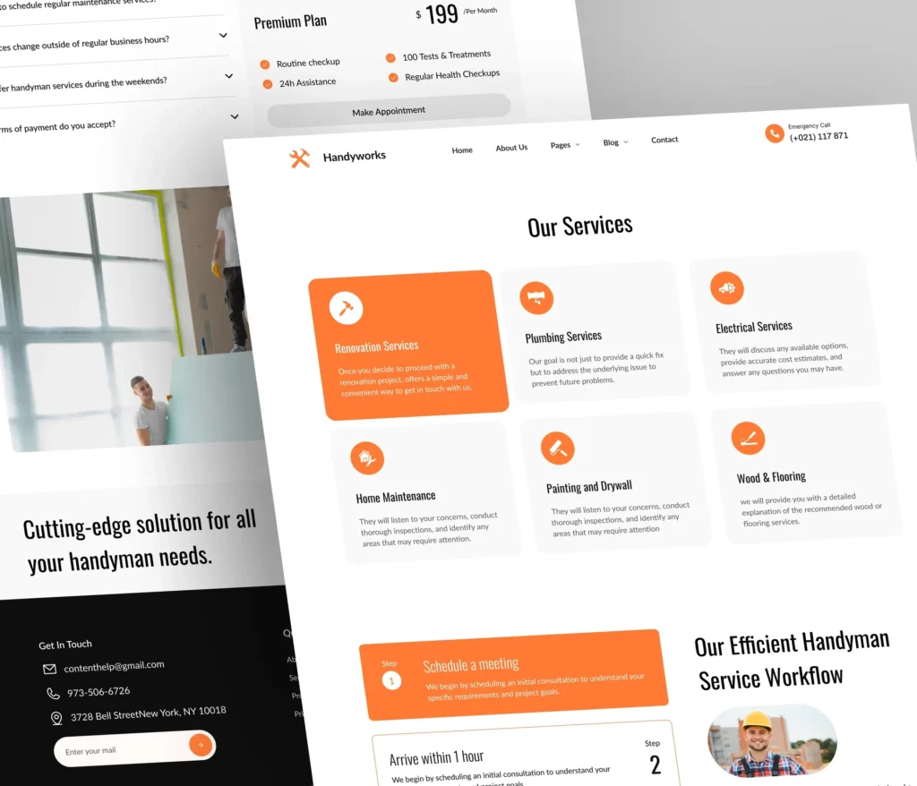 Service page layout designs shown across desktop and mobile mockups