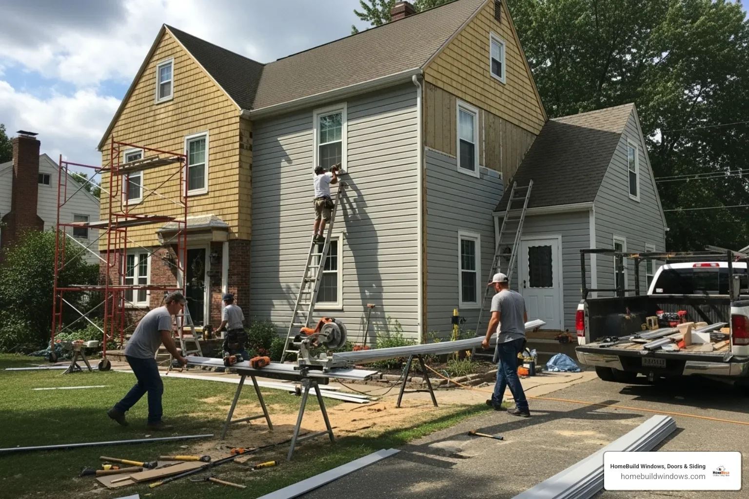 Siding crew working on a full exterior residing project