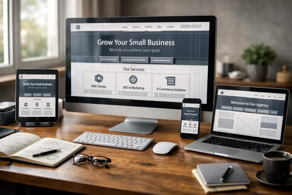 Small business website design shown responsively across devices