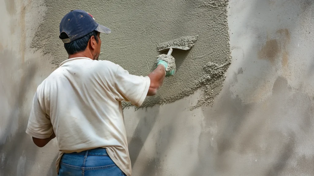 Stucco contractor troweling stucco onto an exterior wall