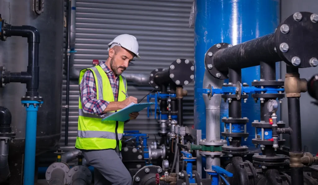 Water treatment technician inspecting filtration equipment and valves