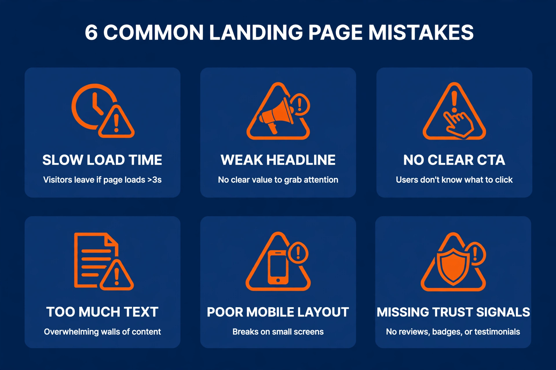 Common HVAC landing page mistakes shown with warning icons