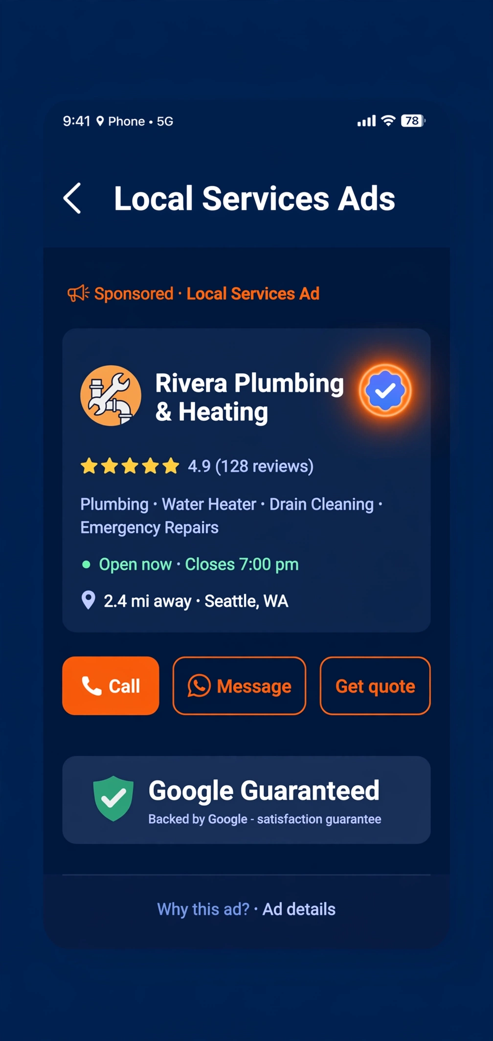 Phone showing a Local Services Ad with Google Verified badge