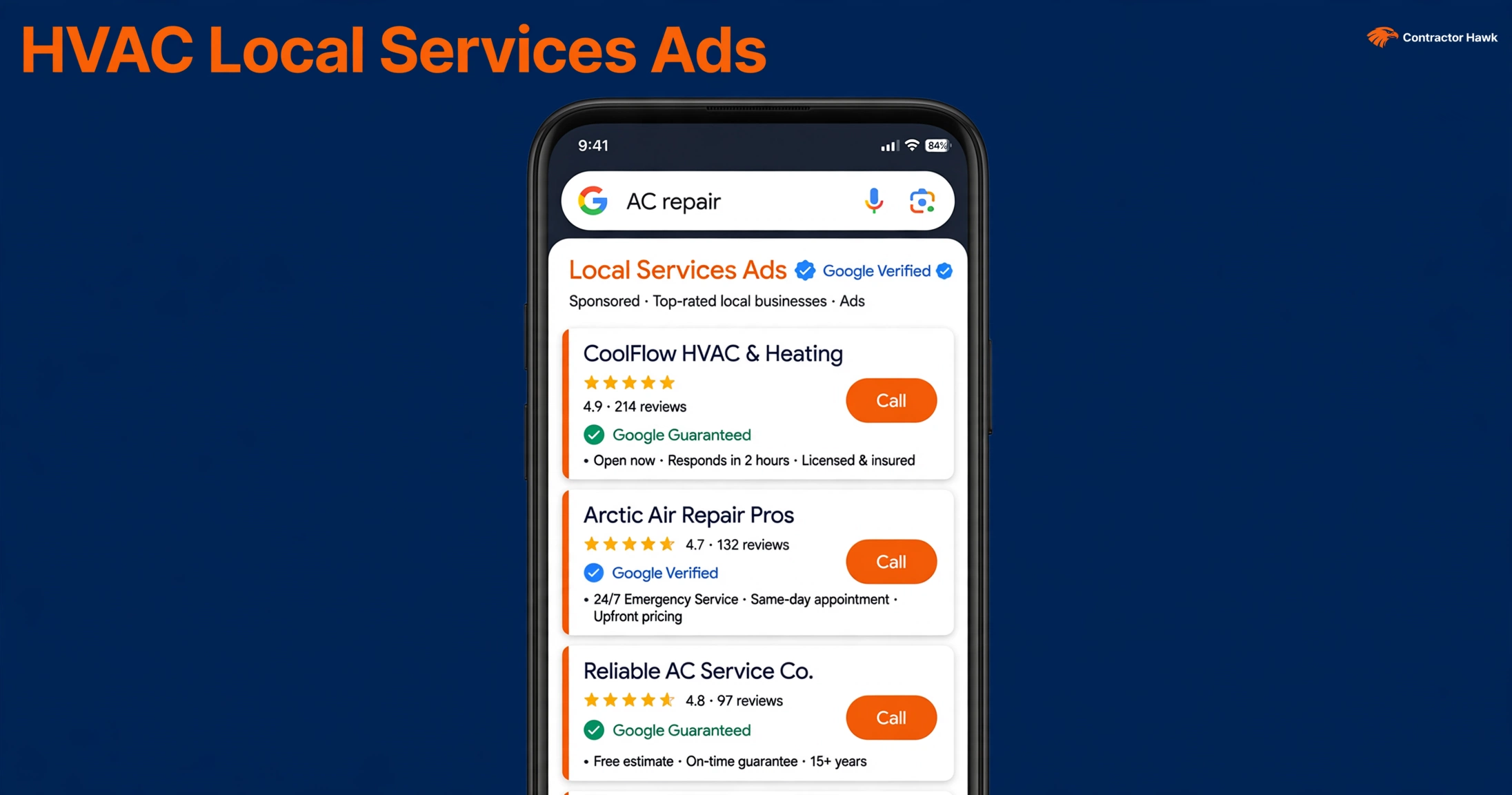 HVAC local services ads shown at the top of Google search