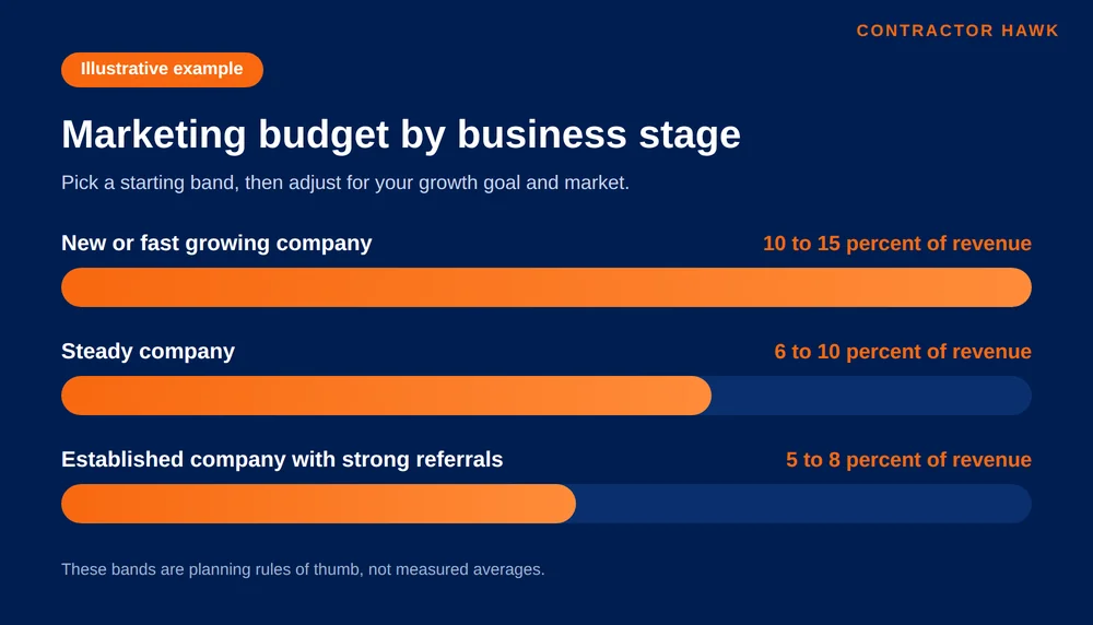 Example bars showing HVAC marketing budget bands by business stage.