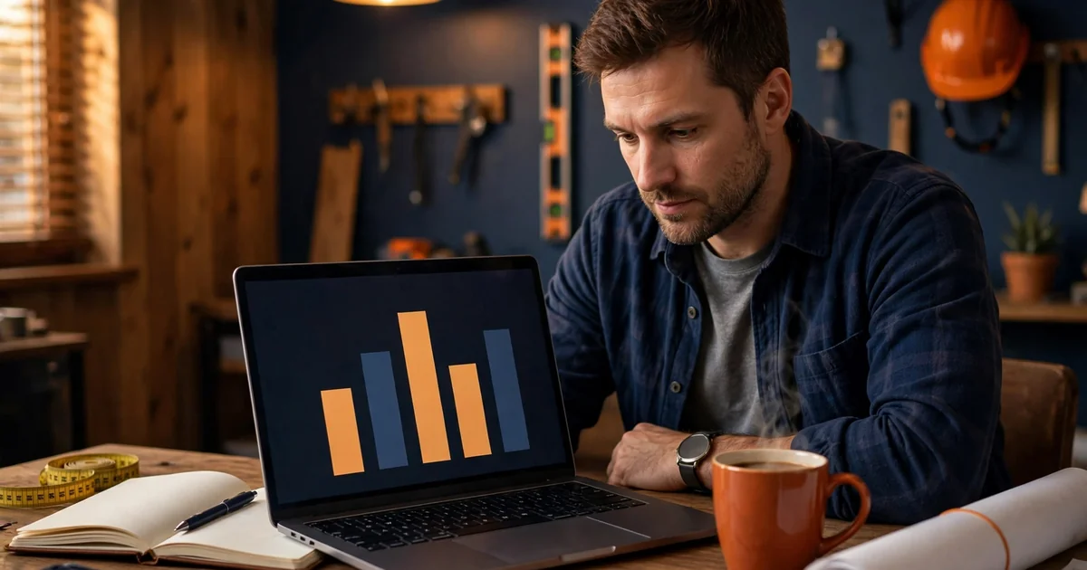 Contractor owner reviewing an HVAC marketing budget chart on a laptop