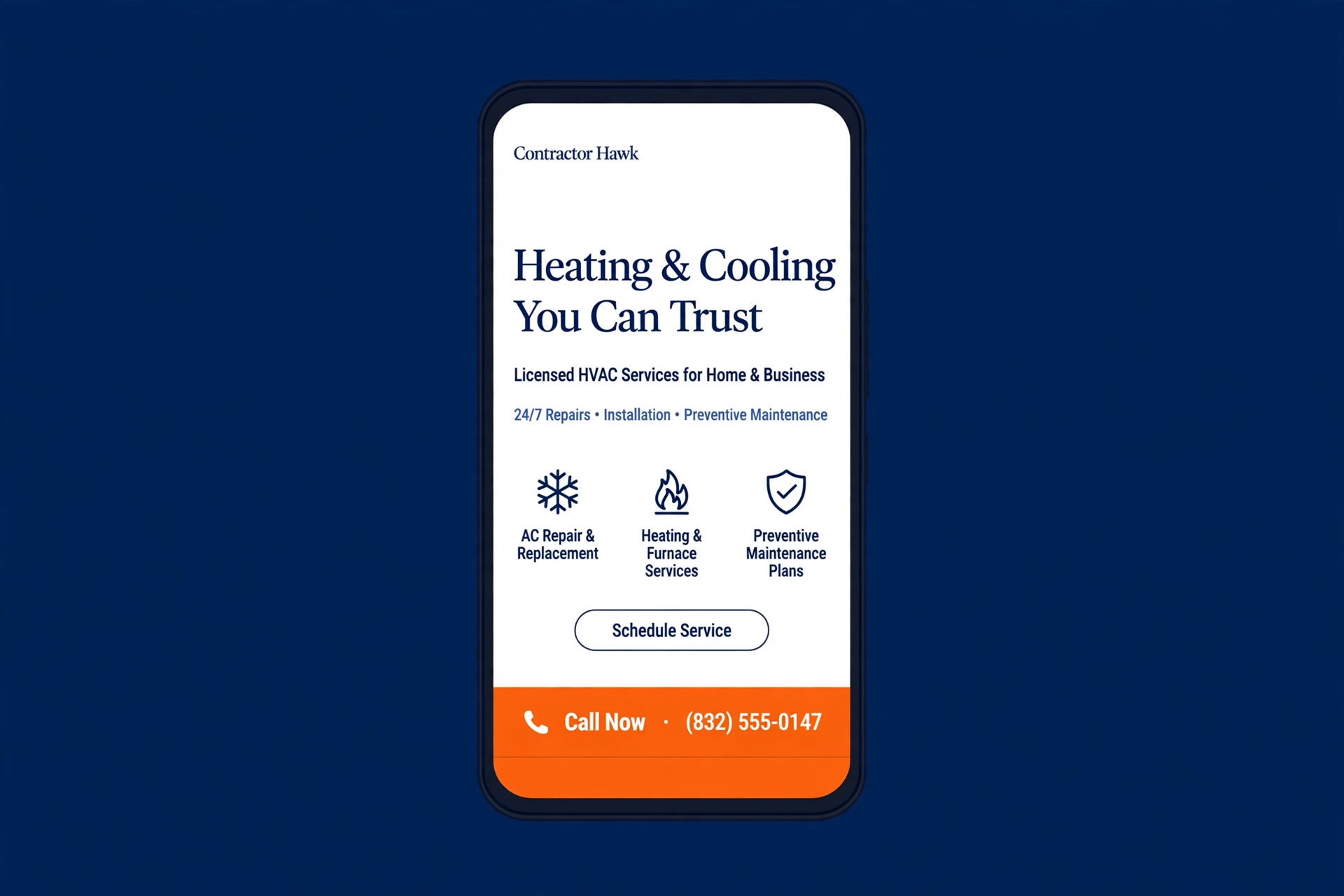 Phone mockup showing sticky call button on an HVAC website