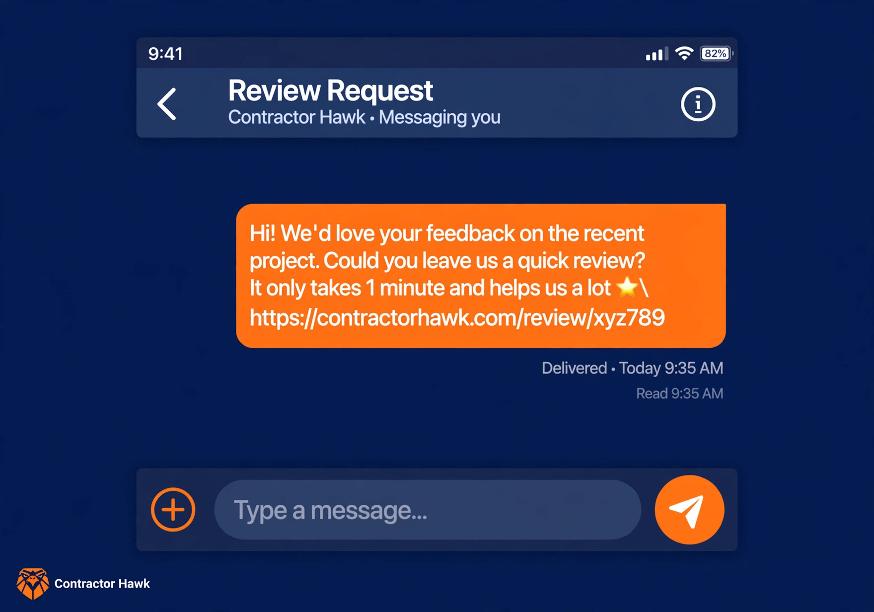 Example text message asking an HVAC customer for a review