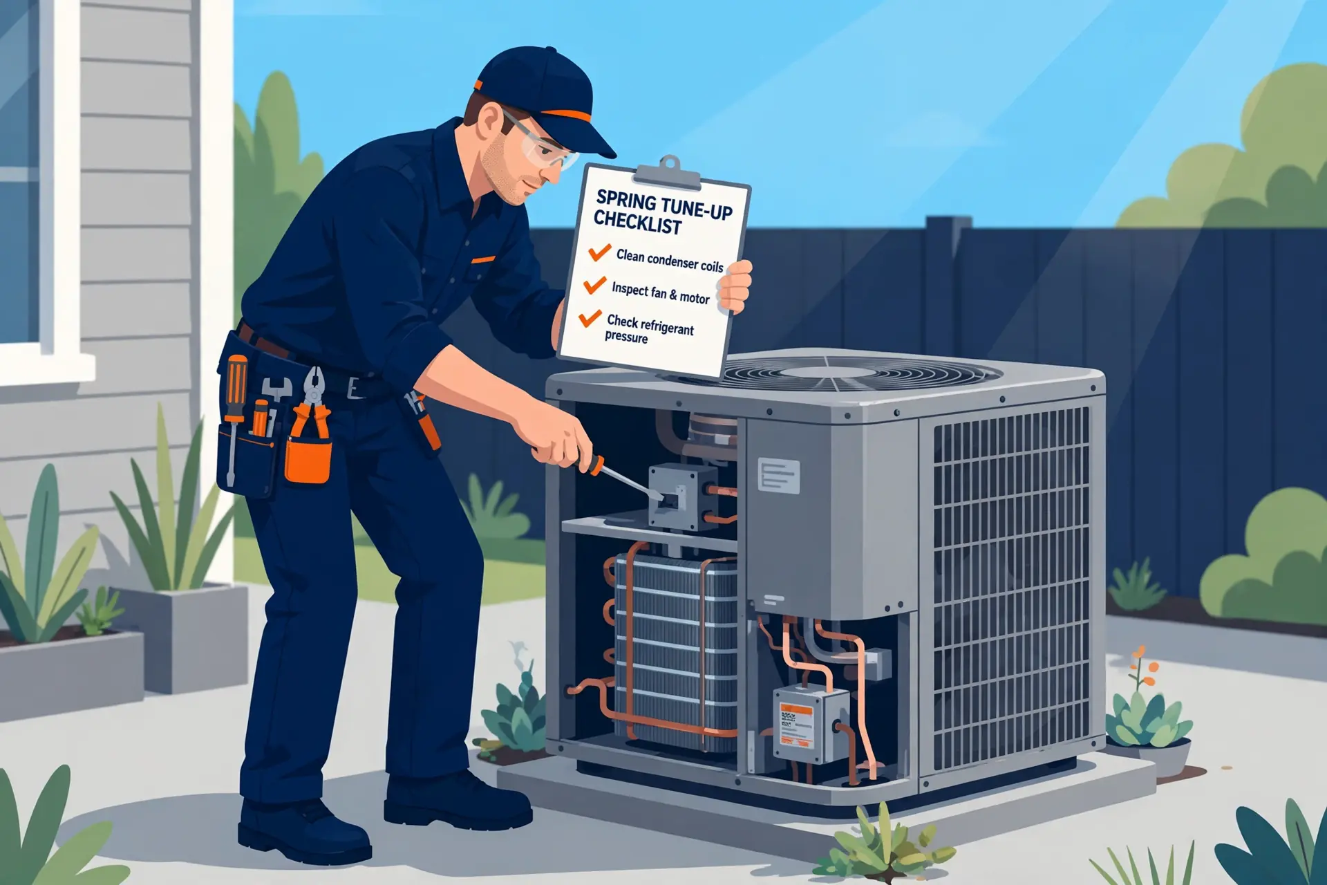 Technician performing a spring AC tune up with a checklist