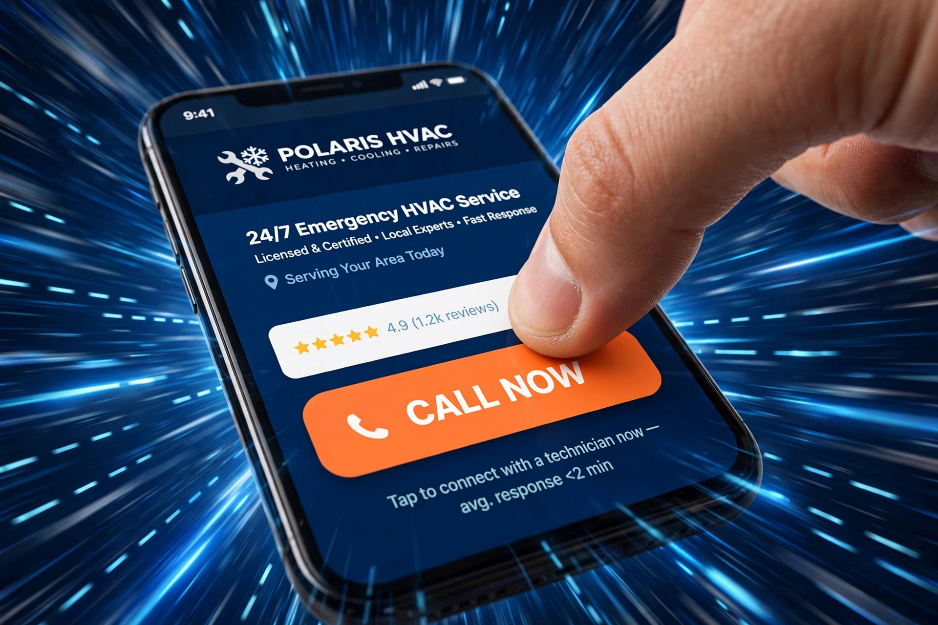 Thumb tapping a call button on an HVAC company website