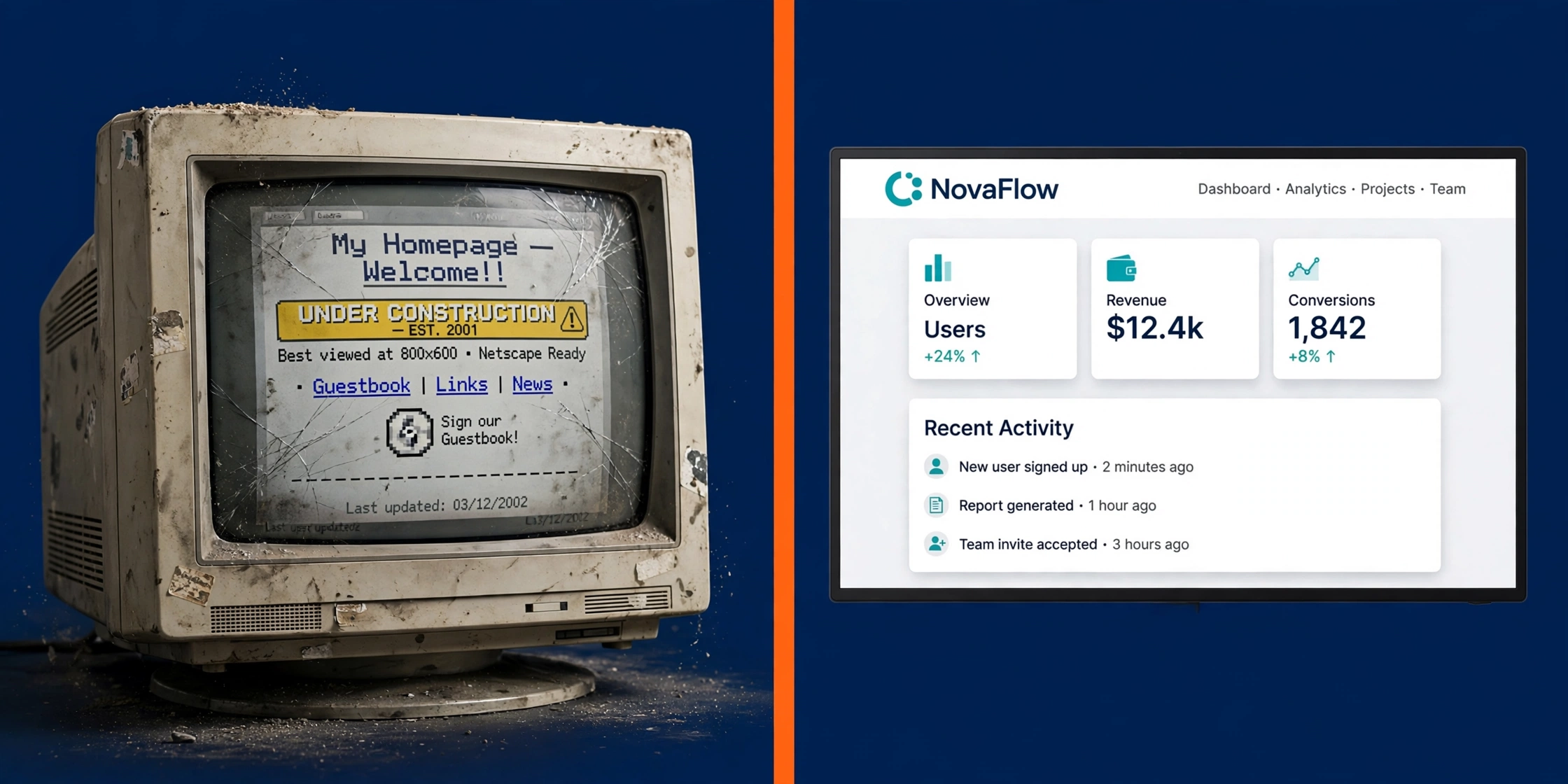 Old broken HVAC website beside a clean modern rebuilt site